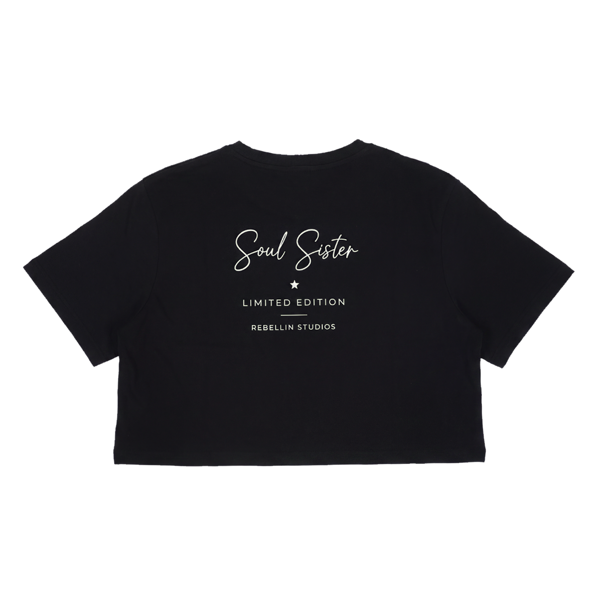 Schwarzes Crop Shirt Soul Sister, flach liegend Rueckseite