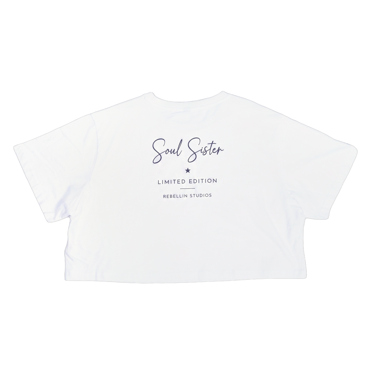 Weisses Crop Shirt Soul Sister, flach liegend Rueckseite mit Print