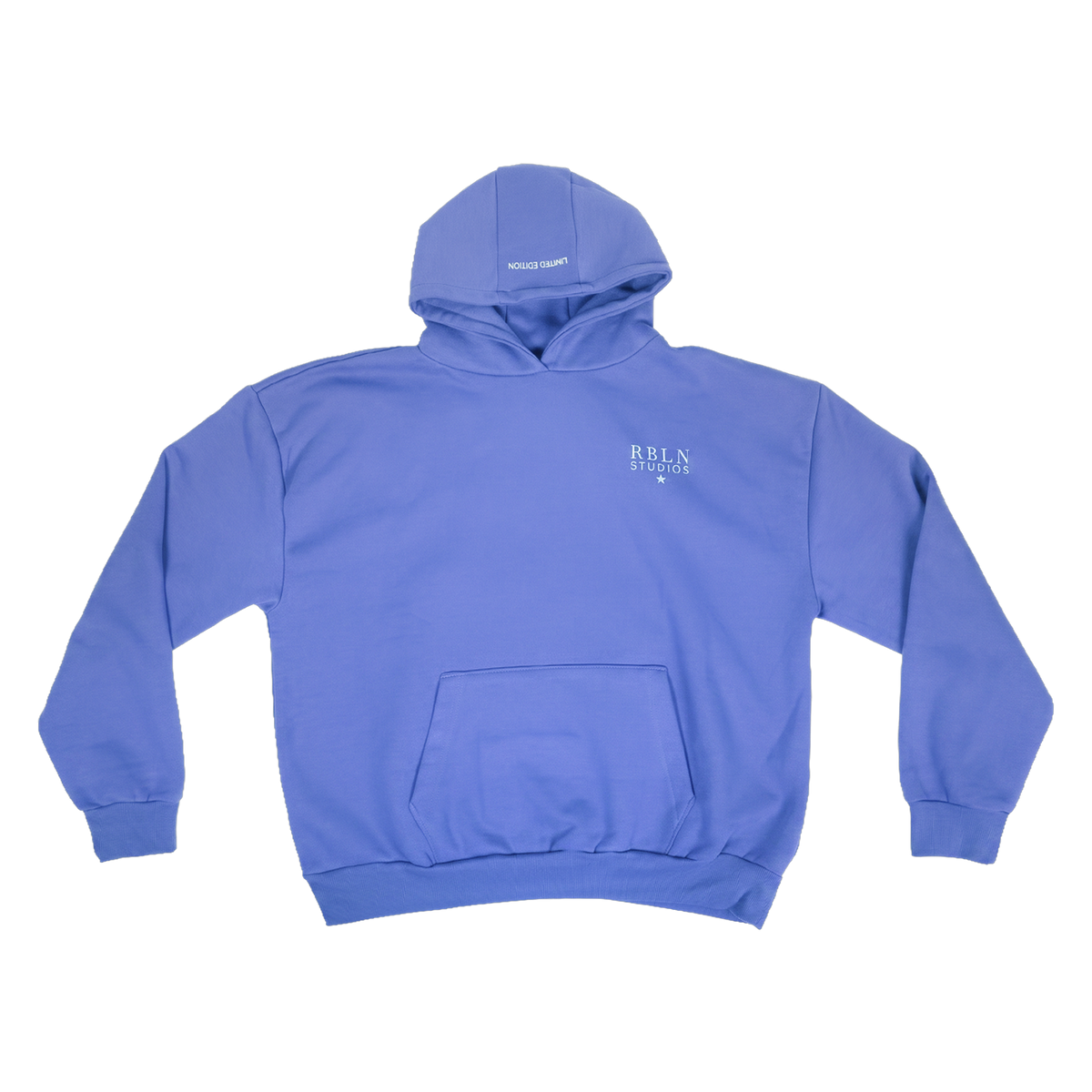 Blauer Oversized-Hoodie, flach liegend Rueckseite