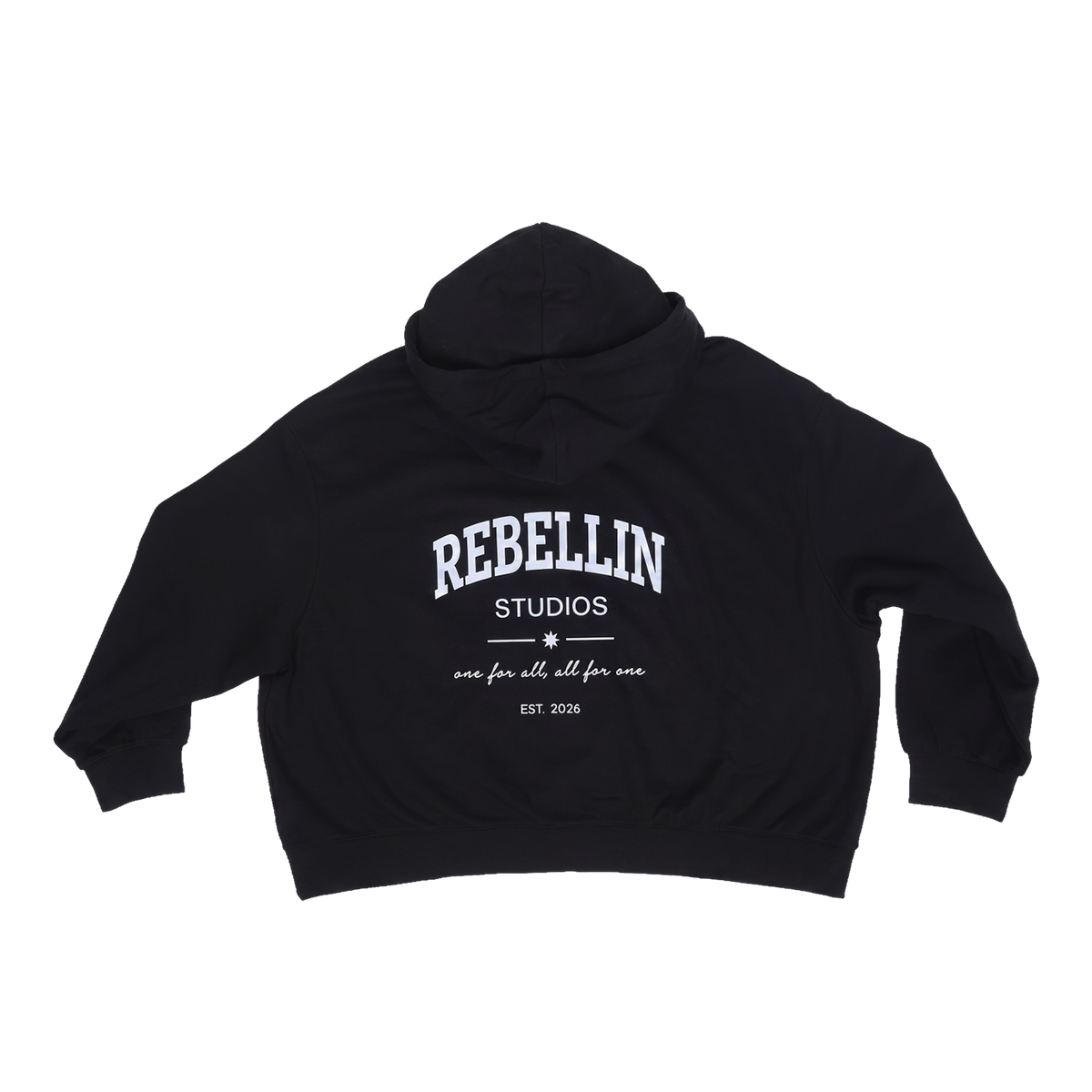 Schwarzer Oversized-Hoodie, flach liegend Rueckseite