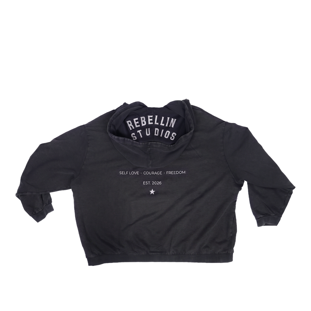 Anthrazitfarbener Oversized-Hoodie Self Love, flach liegend Rueckseite