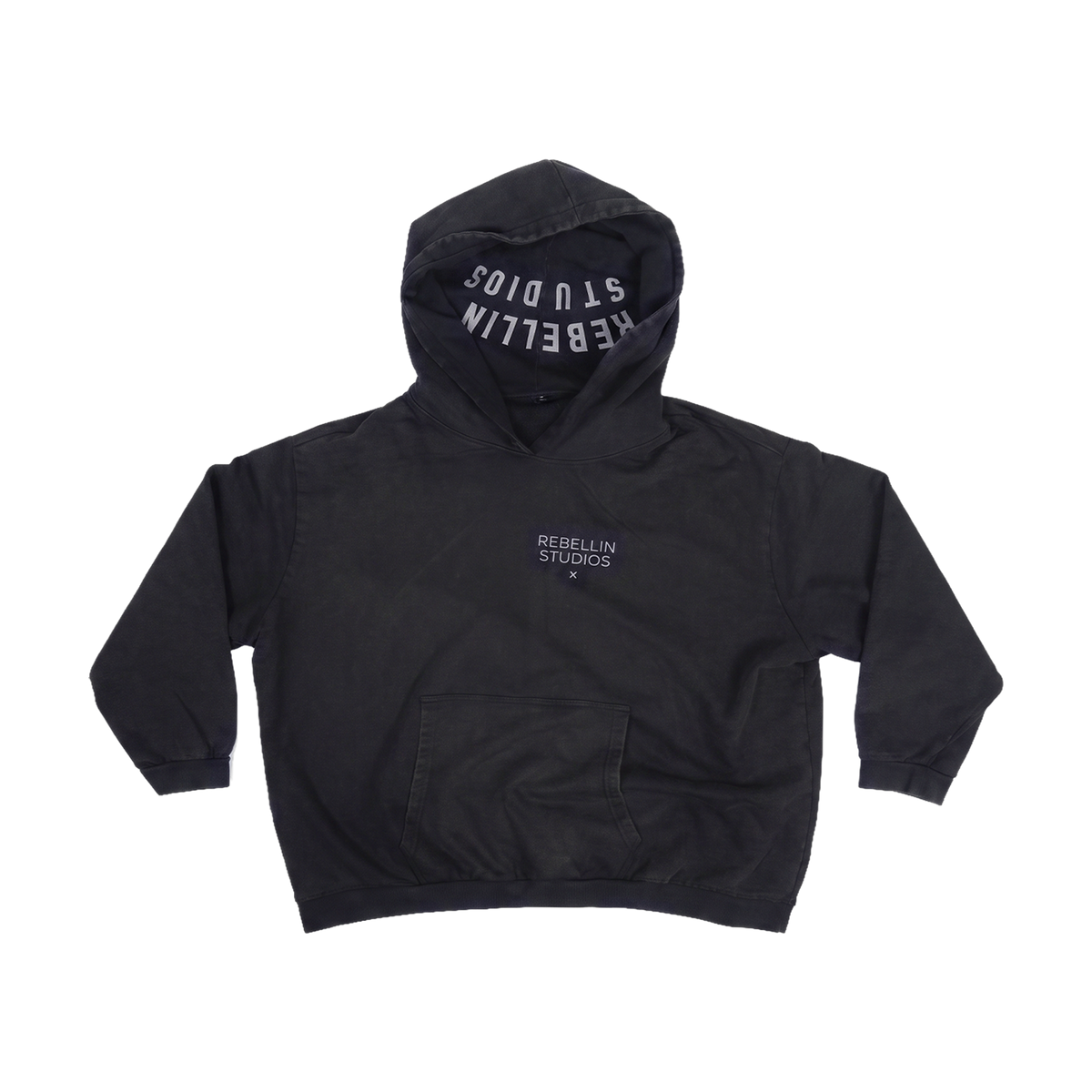 Anthrazitfarbener Oversized-Hoodie Self Love, flach liegend Vorderseite